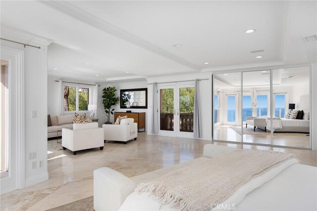 19 Marguerite Dr, Rancho Palos Verdes, CA 90275 - bedroom with french doors, a raised ceiling, marble tiled floors, and recessed lighting