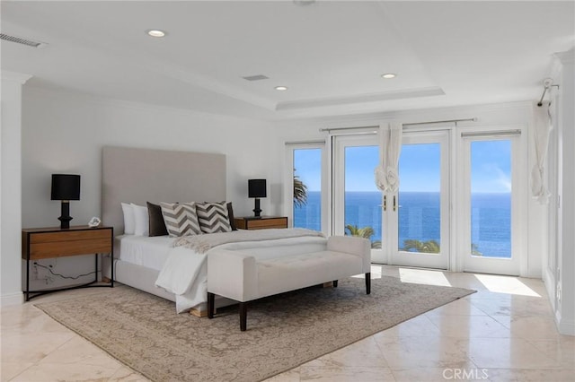 19 Marguerite Dr, Rancho Palos Verdes, CA 90275 - bedroom with access to outside, a tray ceiling, a water view, marble finish floors, and ornamental molding