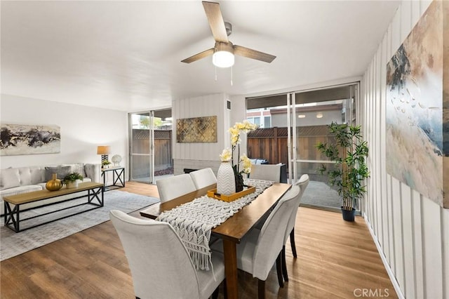 dining space with floor to ceiling windows, ceiling fan, and light hardwood / wood-style floors