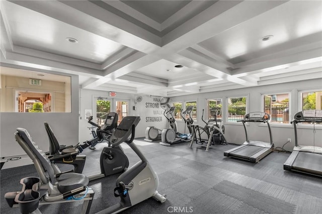 gym with a wealth of natural light and coffered ceiling