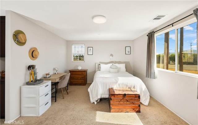 bedroom with light colored carpet