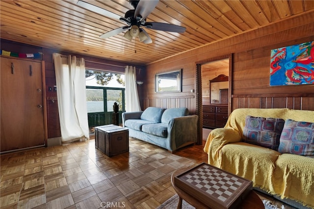 interior space featuring wooden ceiling, wooden walls, ceiling fan, and dark parquet flooring