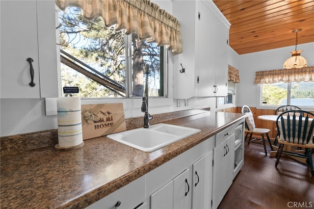 kitchen featuring white cabinetry, dark hardwood / wood-style flooring, pendant lighting, wooden ceiling, and sink