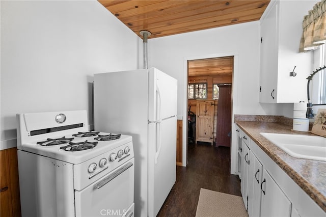 kitchen with dark hardwood / wood-style floors, sink, white cabinets, white appliances, and wooden ceiling