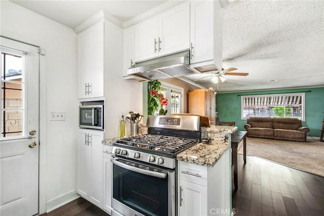 kitchen with light stone countertops, dark hardwood / wood-style flooring, a textured ceiling, stainless steel appliances, and white cabinets