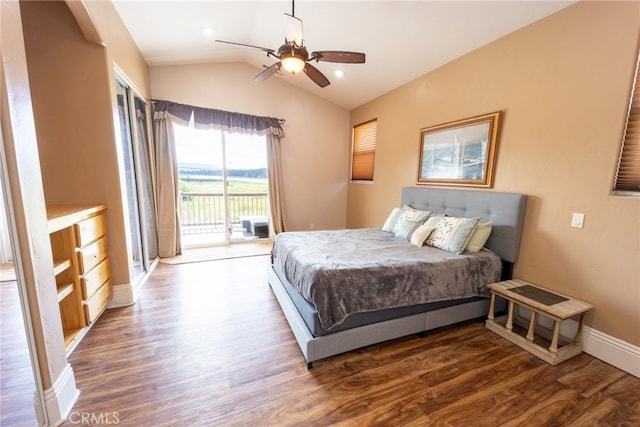 bedroom featuring vaulted ceiling, ceiling fan, access to exterior, and hardwood / wood-style floors