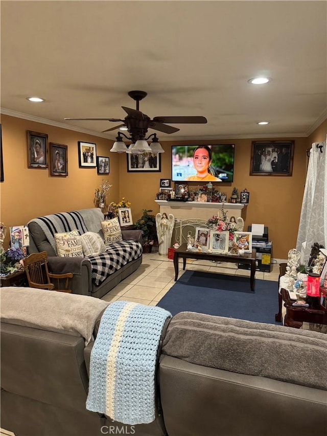 living area featuring recessed lighting, ornamental molding, a ceiling fan, and tile patterned flooring