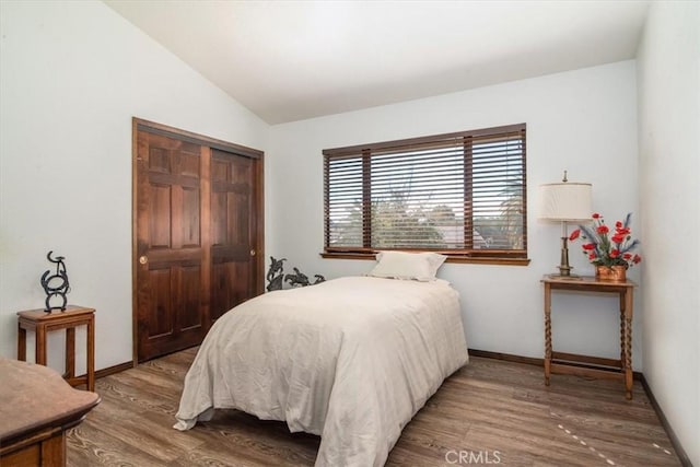 bedroom with hardwood / wood-style flooring, lofted ceiling, and a closet