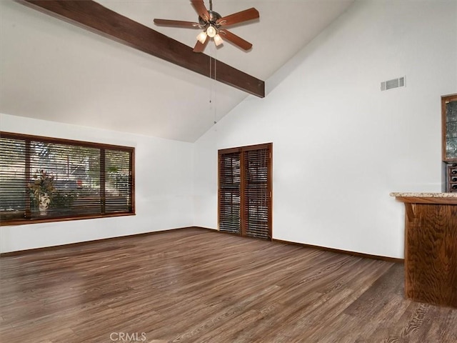 unfurnished living room featuring beamed ceiling, high vaulted ceiling, dark hardwood / wood-style floors, and ceiling fan