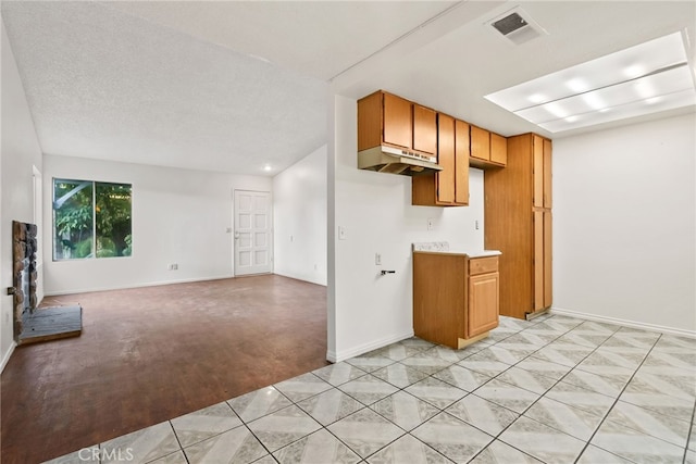 kitchen featuring light colored carpet and a textured ceiling