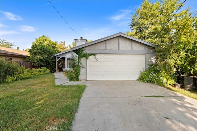 single story home featuring a front yard and a garage