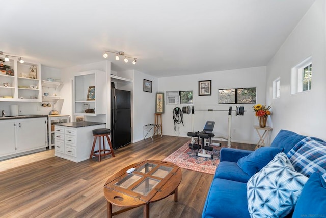 living room featuring dark hardwood / wood-style floors and sink