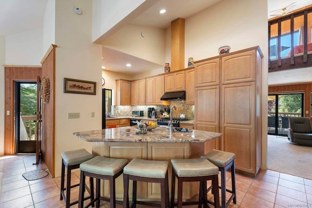 kitchen with a kitchen island with sink, a high ceiling, light stone counters, and light tile patterned flooring