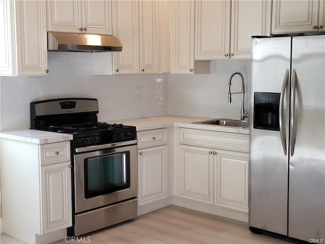 kitchen with light wood-style flooring, under cabinet range hood, a sink, appliances with stainless steel finishes, and backsplash