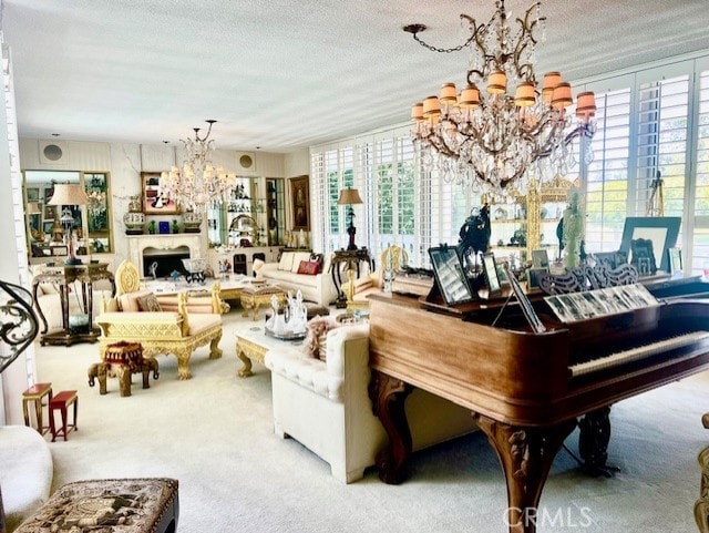 730 Santiago Ave, Long Beach, CA 90804 - living area with a chandelier, plenty of natural light, carpet flooring, and a textured ceiling