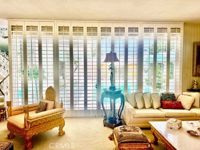730 Santiago Ave, Long Beach, CA 90804 - living area featuring carpet and a textured ceiling
