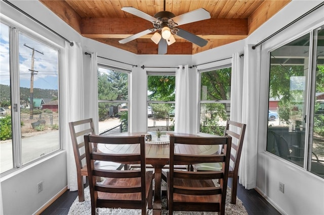 sunroom with beam ceiling, wooden ceiling, and ceiling fan