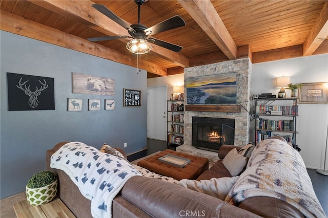 living room featuring wood ceiling, beamed ceiling, and a fireplace