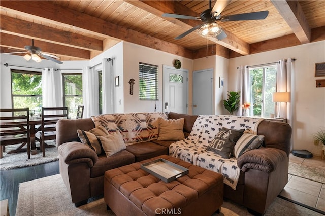 living room featuring wood ceiling, beamed ceiling, tile patterned flooring, and ceiling fan