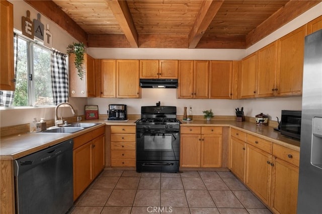 kitchen with beamed ceiling, wooden ceiling, black appliances, sink, and light tile patterned floors