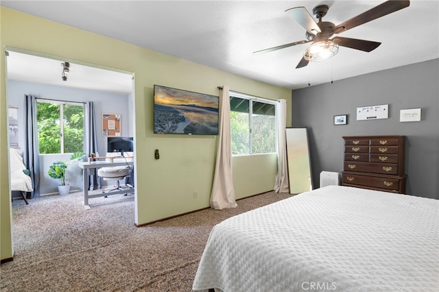 carpeted bedroom featuring ceiling fan and multiple windows