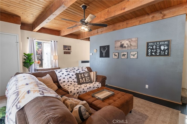 living room with beamed ceiling, ceiling fan, and wooden ceiling