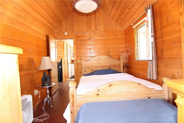 bedroom featuring lofted ceiling, wood ceiling, and wooden walls