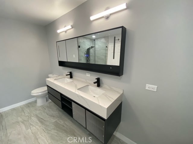 bathroom with vanity, walk in shower, and toilet