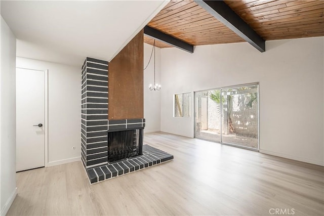 unfurnished living room with wooden ceiling, a multi sided fireplace, vaulted ceiling with beams, a notable chandelier, and wood-type flooring