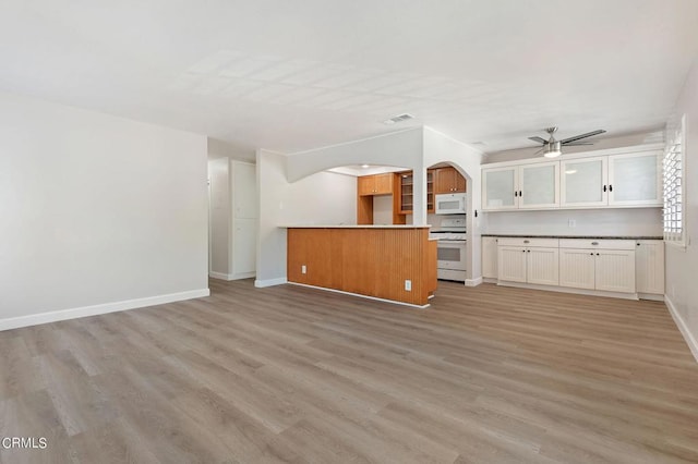 unfurnished living room with ceiling fan and light wood-type flooring