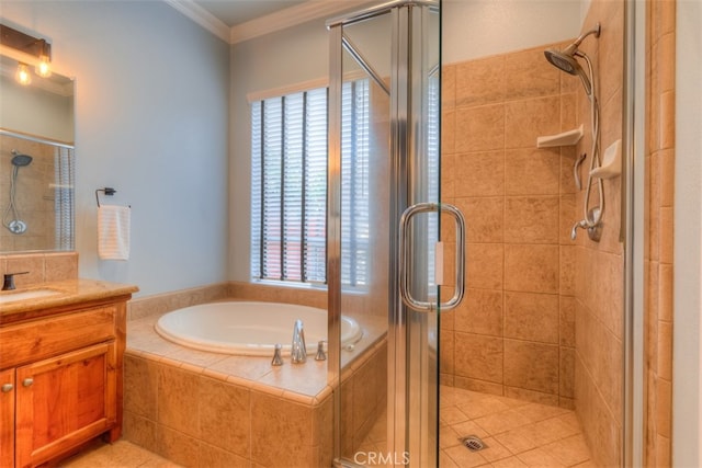 bathroom featuring vanity, plus walk in shower, and ornamental molding