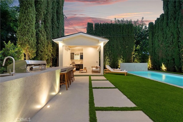 back house at dusk with a patio, an outdoor bar, and exterior kitchen