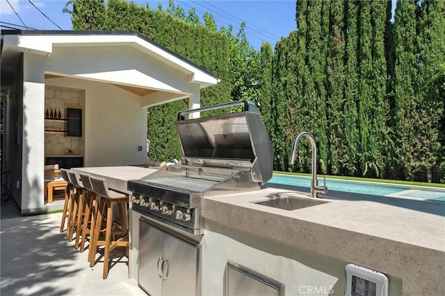 view of patio / terrace with an outdoor wet bar and exterior kitchen