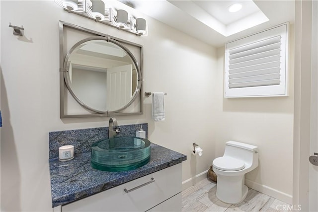 bathroom with hardwood / wood-style flooring, vanity, and toilet