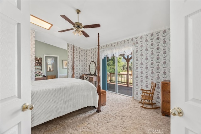 carpeted bedroom with wallpapered walls, a ceiling fan, access to outside, and ornamental molding