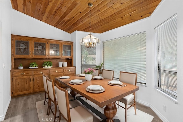 dining room featuring plenty of natural light, a chandelier, vaulted ceiling, and wood-type flooring