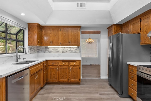 kitchen featuring pendant lighting, sink, appliances with stainless steel finishes, light wood-type flooring, and decorative backsplash