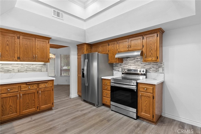 kitchen with a raised ceiling, light wood-type flooring, appliances with stainless steel finishes, and exhaust hood