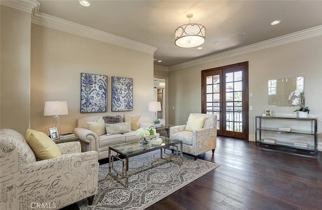 living room featuring french doors, dark wood-type flooring, and ornamental molding