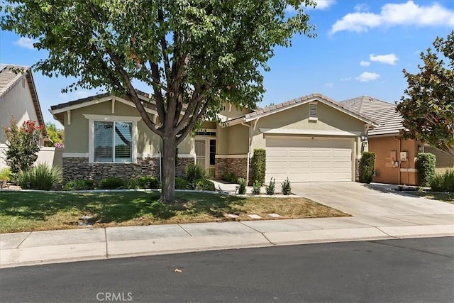 view of front of property with a garage, stone siding, concrete driveway, and stucco siding