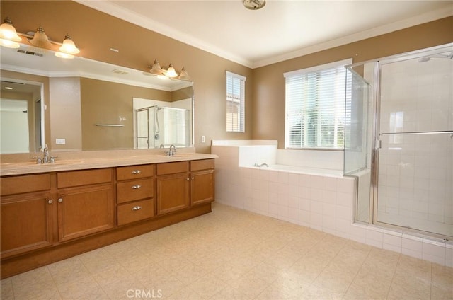 bathroom with vanity, separate shower and tub, and ornamental molding