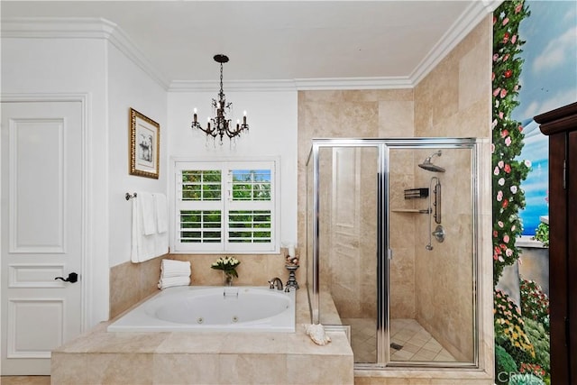 bathroom with crown molding, independent shower and bath, and an inviting chandelier