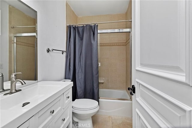 full bathroom featuring vanity, shower / tub combo, tile patterned flooring, and toilet