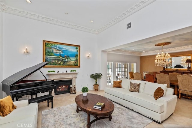 tiled living room featuring a notable chandelier and crown molding