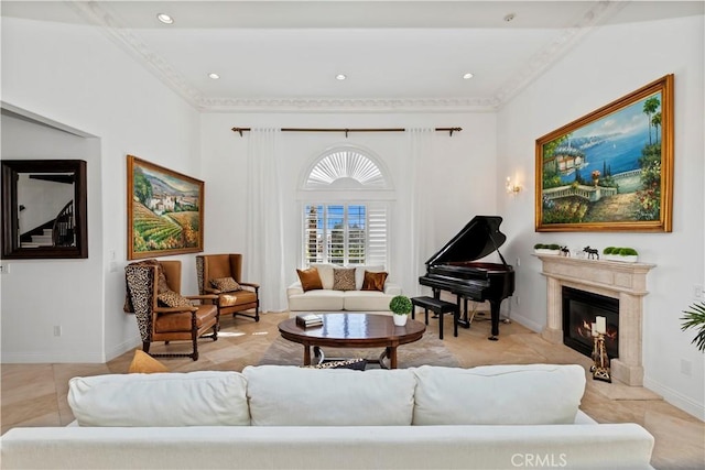 living room featuring ornamental molding and light tile patterned floors