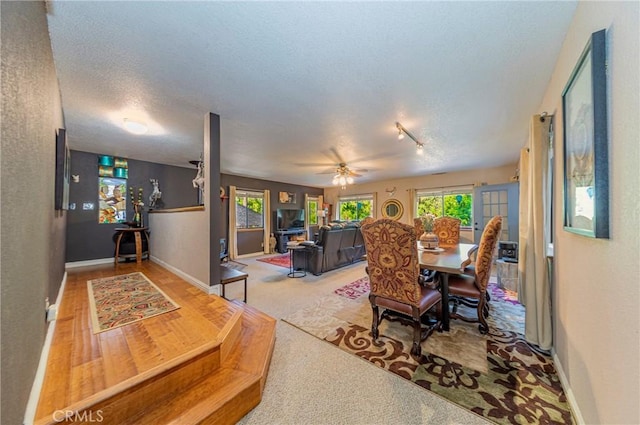 carpeted dining space with a textured ceiling, ceiling fan, and track lighting