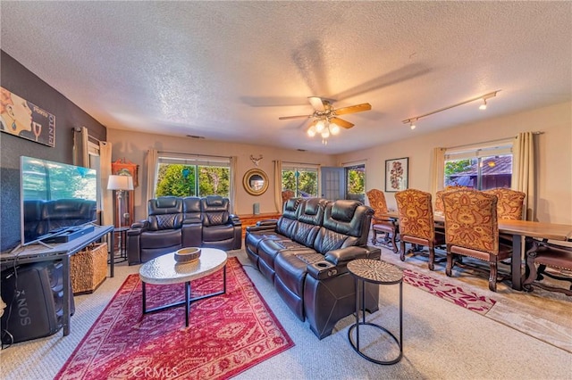 carpeted living room with ceiling fan and a textured ceiling