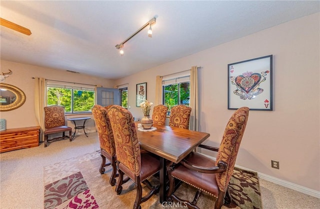 carpeted dining space with track lighting