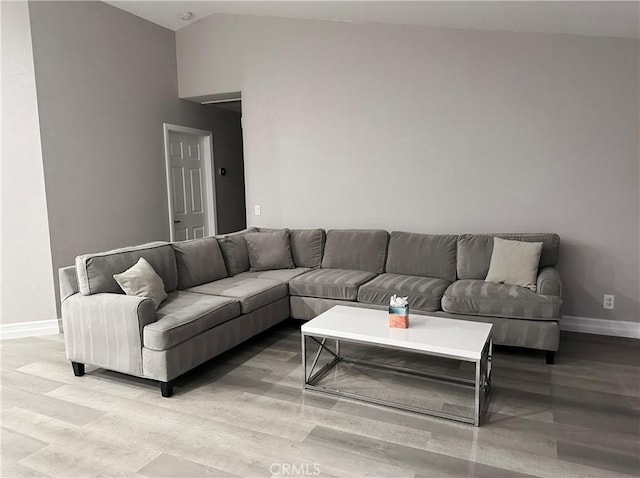 living room featuring lofted ceiling and hardwood / wood-style floors