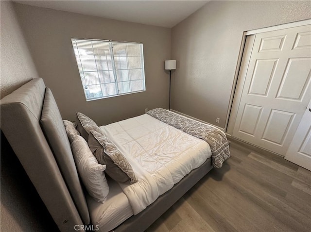 bedroom with hardwood / wood-style floors and a closet